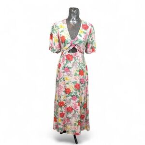 Old Navy Linen Maxi Dress Puff Sleeve Cutout Large Peasant Cottagecore Floral